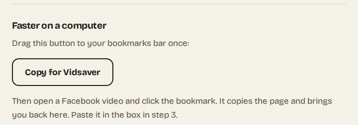 The Faster on a computer box on the Vidsaver private video page, with the Copy for Vidsaver button to drag to the bookmarks bar