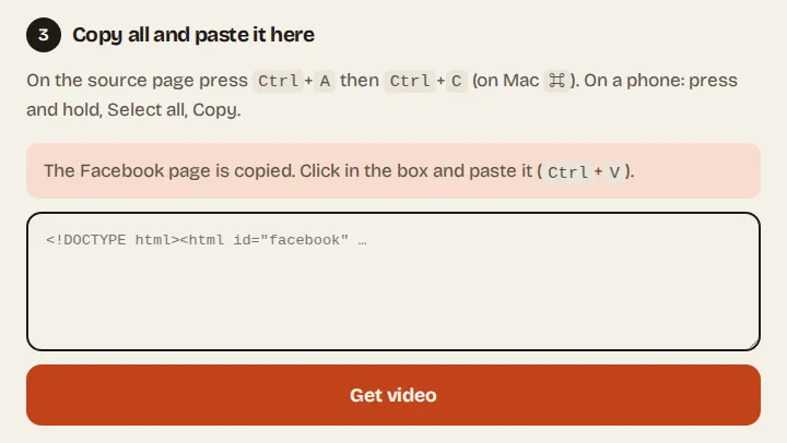 Step 3 of the private video page with the note: The Facebook page is copied. Click in the box and paste it