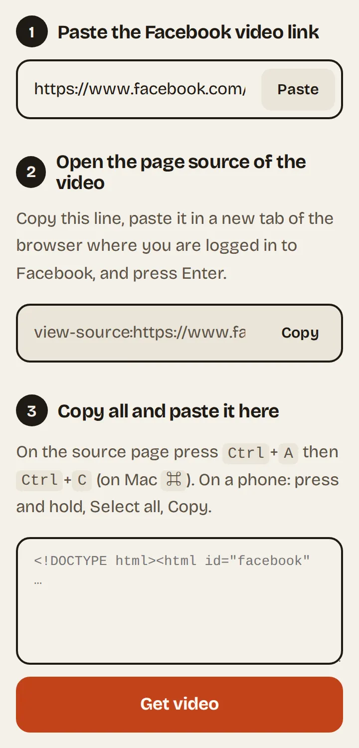 The three steps of the Vidsaver private video page on a phone: 1, paste the Facebook video link; 2, copy the view-source line; 3, paste the page source and press Get video