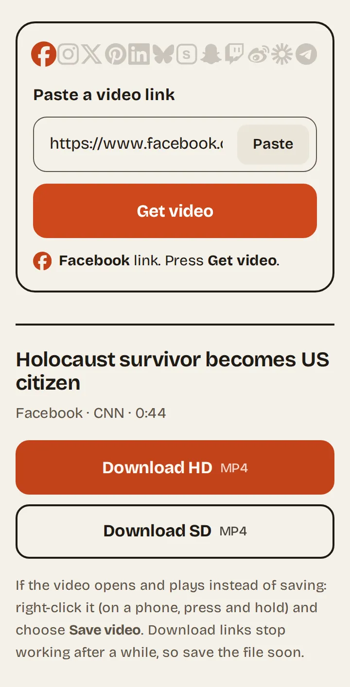 Vidsaver on a phone: a Facebook link in the box, and below it the video title with two buttons, Download HD and Download SD